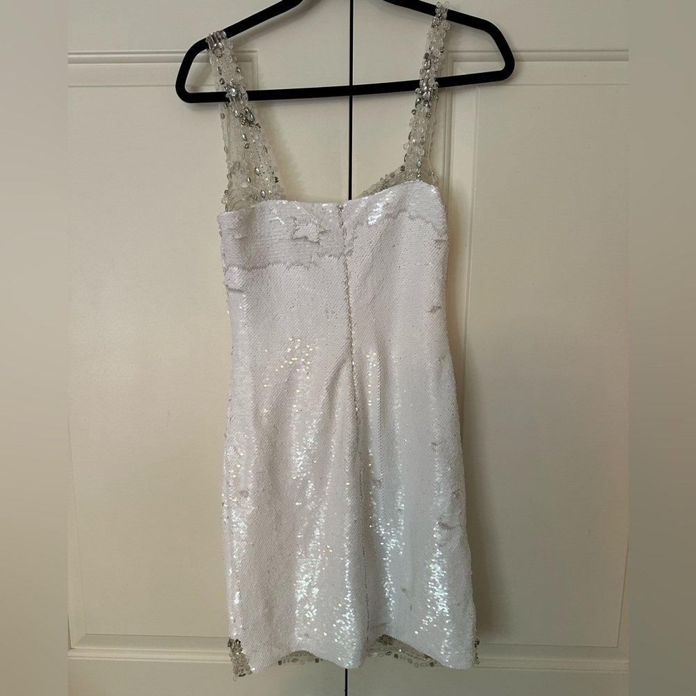 PatBO White Sequin Mini Dress with Silver Beaded Trim - Picture 7 of 11